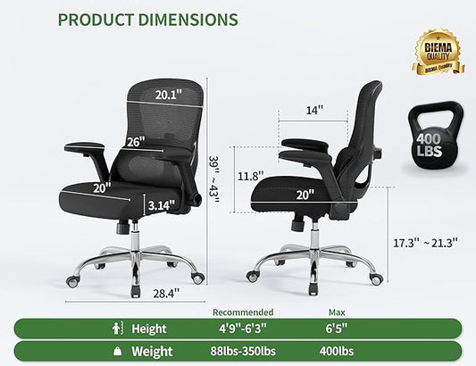 Office Chair Ergonomic Desk Chair Comfy: 400LBS Mesh Computer Chair Ergonomic Gaming Chairs with Wheels Adjustable Lumbar Support and Flip up Armrest-Swivel Executive Chairs Long Hours(Full Black)