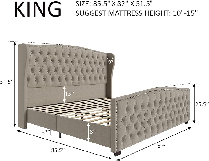 AMERLIFE King Size Platform Bed Frame, Linen Upholstered Bed with Deep Button Tufted & Nailhead Trim Wingback Headboard/No Box Spring Needed/Beige