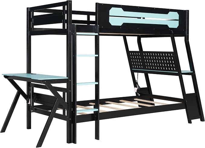 Merax Wooden Twin Over Twin Bunk Bed with 2 Side Desks, USB Desktop Ports and Pegboard Organizer, Gaming Bunk Bed for Gamer, Kids or Teens, No Box Spring Needed, Cloud Blue