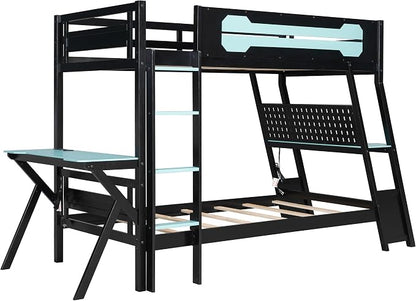 Merax Wooden Twin Over Twin Bunk Bed with 2 Side Desks, USB Desktop Ports and Pegboard Organizer, Gaming Bunk Bed for Gamer, Kids or Teens, No Box Spring Needed, Cloud Blue