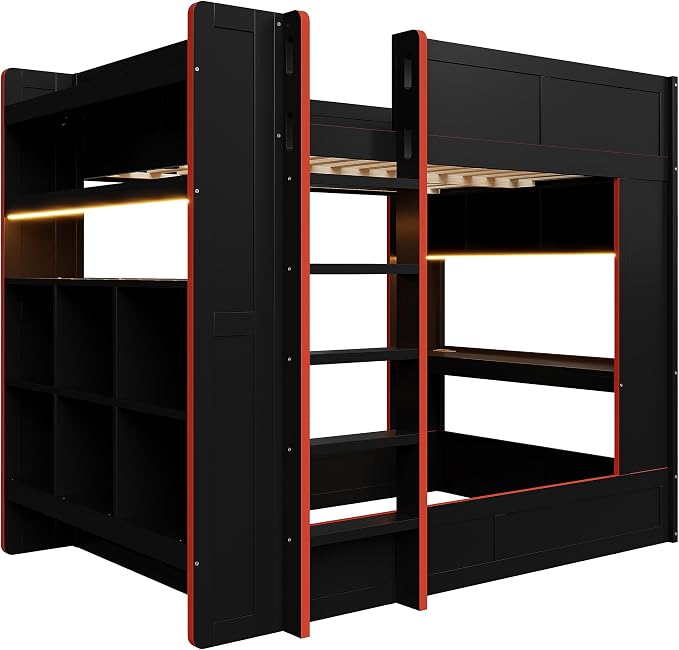 RUNNA Full Gaming Bunk Bed with Desk, LED & Charging Station | Full gaming bunk bed with desk, LED lights, charging station, storage shelves, 600 lbs capacity, no box spring needed