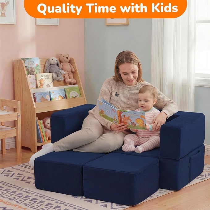 MeMoreCool Convertible Modular Kids Couch – Foam Toddler Sofa with Washable Removable Cover, Soft Plush Fold-Out Floor Couch for Bedroom (Navy)