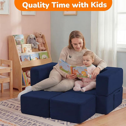 MeMoreCool Convertible Modular Kids Couch – Foam Toddler Sofa with Washable Removable Cover, Soft Plush Fold-Out Floor Couch for Bedroom (Navy)