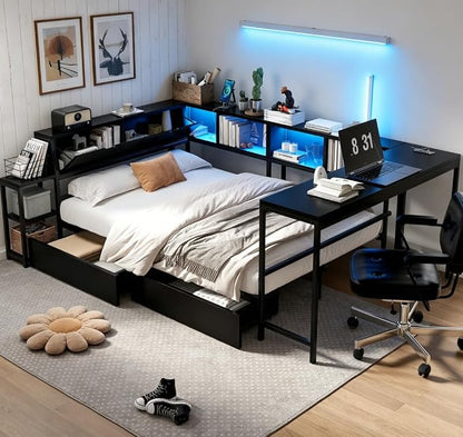 Bellemave Queen Corner Bed Frame with Desk and Storage, Queen Size cornner Bed with Charging Station and LED Light, Wood Daybeds with L-Shaped Bookcase and 2 Drawers, Black
