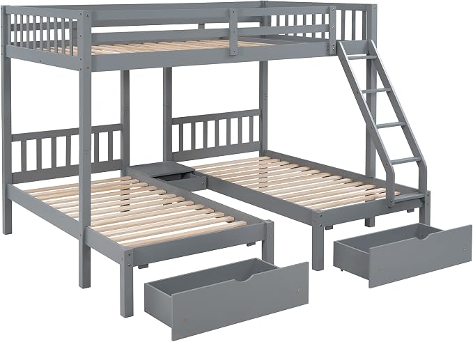 Wood Triple Bed Bunk Bed with 2 Storage Drawers, 3-in 1 Full Over Twin & Twin Bunk Bed Frame with Built-in Middle Drawer, Guardrail Ladder for Kids Teens Adults, Maximized Space Design (Grey1-full)