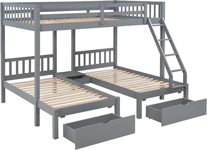 Wood Triple Bed Bunk Bed with 2 Storage Drawers, 3-in 1 Full Over Twin & Twin Bunk Bed Frame with Built-in Middle Drawer, Guardrail Ladder for Kids Teens Adults, Maximized Space Design (Grey1-full)