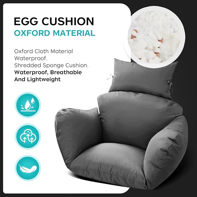 Egg Chair Cushion Replacement, Waterproof Thicken Hanging Egg Swing Chair Cushion for Outdoor Furniture, Wicker Rattan Hammock Basket Cushion with Headrest Pillow 47x31.5x4.7 inch, Grey