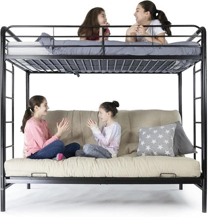 DHP Twin-Over-Futon Convertible Couch and Bed with Metal Frame, Ladder and Guardrails - Black