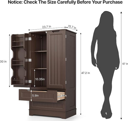 Gizoon Kitchen Pantry Cabinet with Drawers, 47" Small Food Pantry Storage Cabinet with 6 Door Shelves for Snack and Spice, Freestanding Craft Storage Cabinet for Craft Room, Dark Brown, Painted