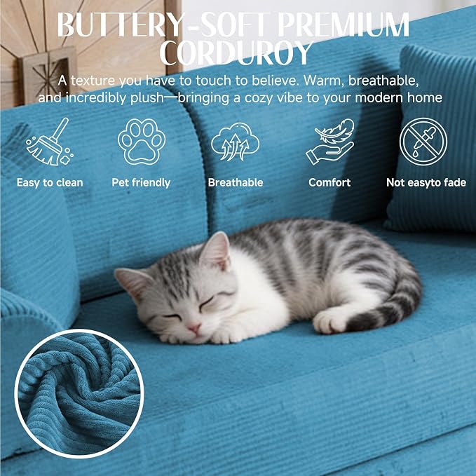79'' Convertible Sofa Bed, 6 in 1 Folding Floor Futon Couch Sleeper with Fixed Frame, Corduroy Modular Sofa Bed with Removable Armrests & Pillows, No Assembly for Living Room Bedroom (Light Blue)