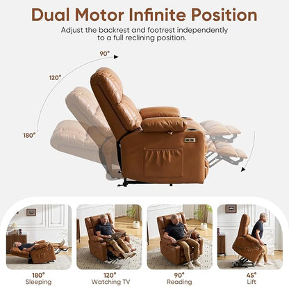 Dual Motor Power Lift Recliner Chair for Elderly with Massage and Heat, Oversized Lift Chair with Arm Storage, Lay Flat Lift Recliner for Adults, Big Tall, Infinite Position,Lving Room, Camel