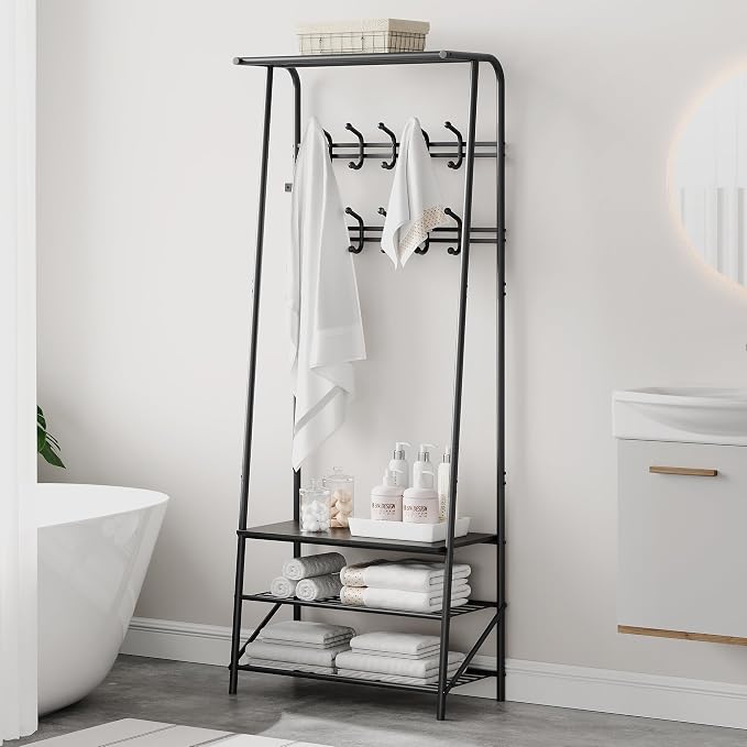 OUTLANE Entryway Hall Tree with 10 Hooks, Shoe Bench & Storage Shelf, Coat Rack Organizer with Wood Accents and Metal Frame for Entryway, Living Room, Bedroom, Black-Double row