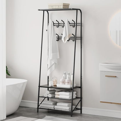 OUTLANE Entryway Hall Tree with 10 Hooks, Shoe Bench & Storage Shelf, Coat Rack Organizer with Wood Accents and Metal Frame for Entryway, Living Room, Bedroom, Black-Double row