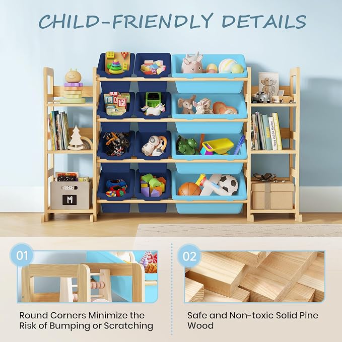 EXPERLAM Extra Large Toy Storage - Toy Storage Organizer, Wooden Toy Organizer with 6 Side Shelves and 12 Bins, 3-in-1 Bookshelf for Kids Rooms, Playroom, Nursery, Blue
