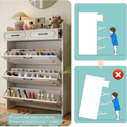 Shoe Cabinet Storage for Entryway with 3 Large Flip Drawers & 2 Storage Drawers, Narrow Shoe Organizer Cabinet Fits for Kinds of Shoes, Slim Shoe Storage Cabinet for Entryway, Hallway, White