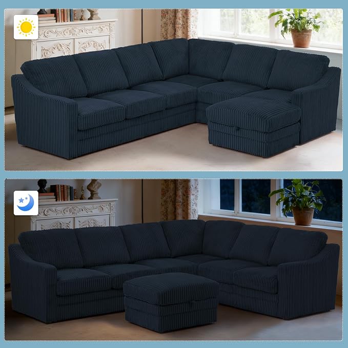 115 Inches Corduroy Sectional Sofa with Storage Ottoman, Modern 7 Seats Corner Couch with Deep Seat, Comfy Modular U Shaped Couch with Comfortable Cushions for Living Room, Blue