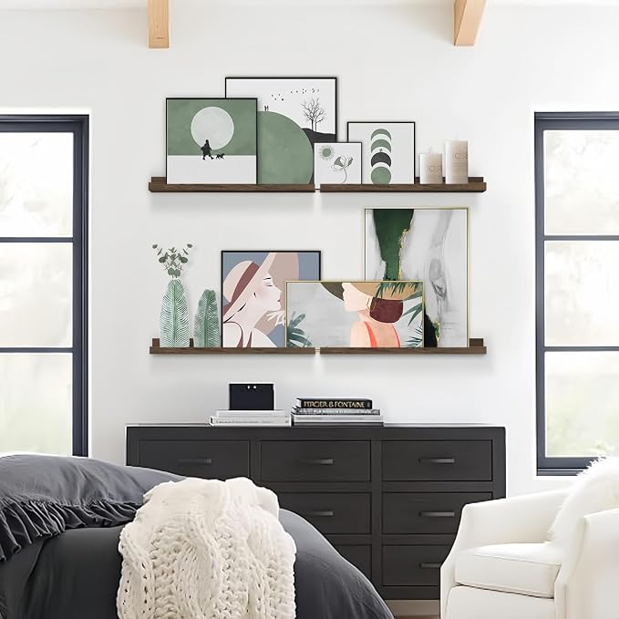 Forbena 24 Inch Floating Picture Ledge Shelf Set of 4, Wooden Picture Shelf for Wall with Ledge for Living Room Bedroom, Dark Wood Wall Shelves with Lip Edge for Photo Frames Display (Rustic Brown