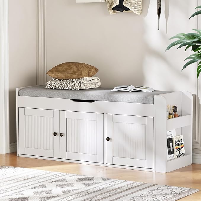 42.6" Entryway Shoe Storage Bench with Padded Seat, 3 Doors and Side Shelves, Lift Top Storage Bench for Shoes, Hallway, Bedroom, Living Room, White