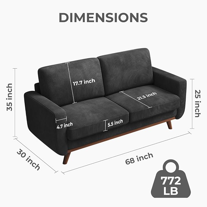 Vesgantti 68" Loveseat Sofa Black, Comfy Corduroy Couch with Spring Cushion and Solid Wood, Modern Extra Deep Seat for Bedroom, Living Room, Office