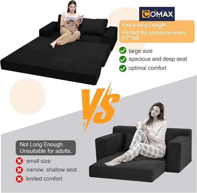 COMAX Futon Sofa Bed, Convertible Sofa Bed, Folding Boneless Couches | Boneless Couch for living room, 4‑in‑1 Fold Out Small Foldable Loveseat Floor Sleeper Mattress Lounge Space‑Saving