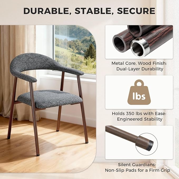 DUMOS Dining Chairs Set of 4, Linen Fabric Upholstered Kitchen Side Chairs with Curved Backrest & Metal Legs, Modern Farmhouse Accent Chair for Dining Room Kitchen Living Room Cafe, Gray