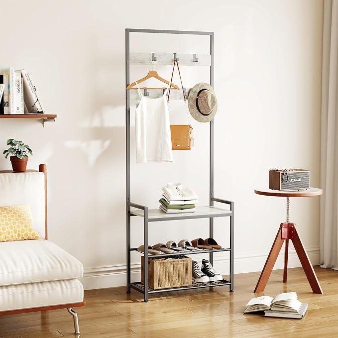 Hall Tree with Shoe Storage Bench - Entryway Bench with Coat Rack and Hooks - 3-in-1 Small Hall Tree for Entry Way, Entrance, Hallway, Doorway, Front Door, Mudroom, Small Space - Greige
