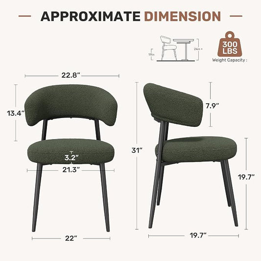 Dining Chairs Set of 2, Mid Century Modern Kitchen Chairs, Boucle Upholstered Dining Chair with Curved Backrest & Metal Legs for Kitchen Dining Room, Green