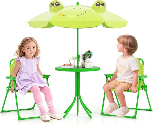 HONEY JOY Kids Picnic Table, Animal Themed Toddler Outdoor Table and Chair Set, 2 Folding Chairs & Removable Umbrella, Children Outdoor Furniture for Backyard Patio Garden (Light Green Frog)