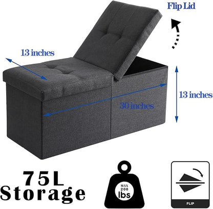 Storage Ottoman Bench Foldable Seat Footrest Shoe Bench End of Bed Storage with Flipping Lid, 75L Storage Space, 30 inches Linen Fabric Dark Grey