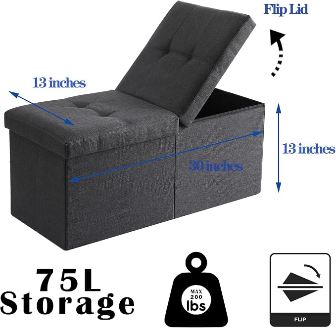 Storage Ottoman Bench Foldable Seat Footrest Shoe Bench End of Bed Storage with Flipping Lid, 75L Storage Space, 30 inches Linen Fabric Brown