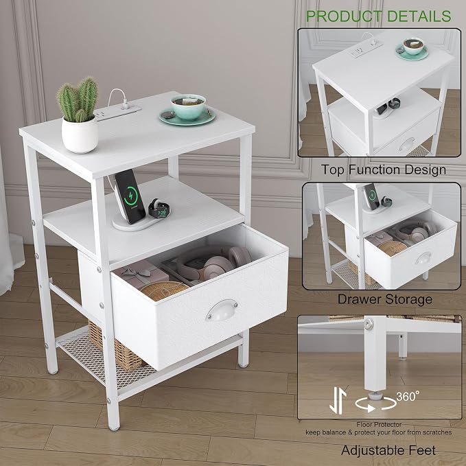 sthmec Nightstands Set of 2, LED Night Stands with Charging Station and Fabric Drawer, Bedside Tables with Drawers, 2- Tier LED Side Table End Table Charging Station Bedroom, White