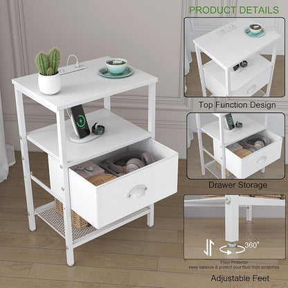 sthmec Nightstands Set of 2, LED Night Stands with Charging Station and Fabric Drawer, Bedside Tables with Drawers, 2- Tier LED Side Table End Table Charging Station Bedroom, White