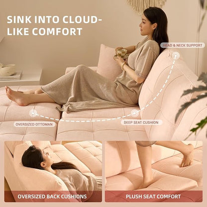 112" U Shaped Modular Cloud Sectional Couch, Waffle Fabric, Pink | Modular Deep Seat Sofa, Movable Ottoman, Pocket Spring Cushions, 2-Box Delivery, Living Room Lounge Use, Not Boneless