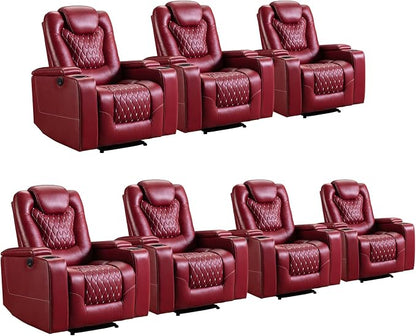 ANJ Power Recliner Chair Set of 7, Electric Soft Faux Leather Reclining Home Theater Seating - USB Ports, Cup Holders, Hidden Arm Storage Movie & Media Room Chairs (Red)