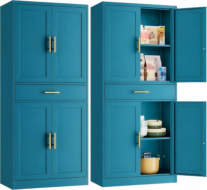 Metal Kitchen Pantry Cabinet, 71"Tall Cabinet with 1 Drawer, Doors and 2 Adjustable Shelves, Pantry Cabinets for Kitchen Storage, Metal Storage Cabinet for Kitchen, Dining Room, Living Room- Blue