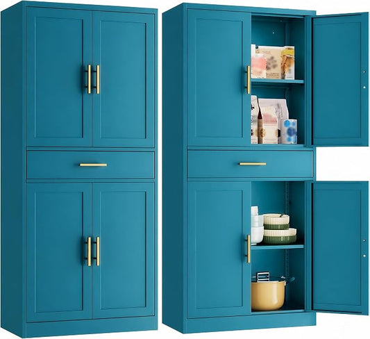 Metal Kitchen Pantry Cabinet, 71"Tall Cabinet with 1 Drawer, Doors and 2 Adjustable Shelves, Pantry Cabinets for Kitchen Storage, Metal Storage Cabinet for Kitchen, Dining Room, Living Room- Blue
