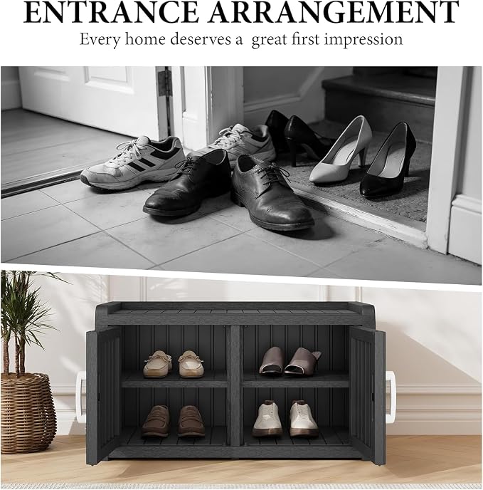 2 Doors Outdoor Shoe Storage Bench | Waterproof UV-Resistant Resin Cabinet, Entryway Organizer for Porch, Hallway, Black