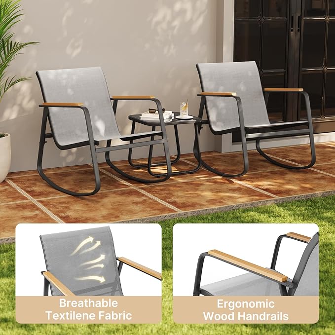 Aiho 3 Piece Patio Bistro Set, Textilene Outdoor Furniture Set with Patio Rocking Chairs with Wooden Armrests and Glass Table for for Lawn, Porch, Balcony, Poolside(Grey)