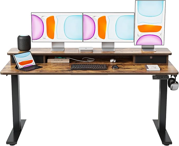 BANTI 63x28 Inch Electric Standing Desk with Dual Drawers, Stand Up Table with Storage, Adjustable Height, Deeper Wider Desktop, Black Frame/Rustic Brown Top