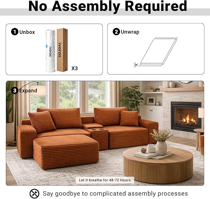 ivoros 111 Inch Modular Sectional Sofa Couch, Oversized Modern Cloud Couch for Living Room, L Shape Couches with Ottomans, USB Ports and Cup Holders, Orange Corduroy Boneless Sofas, Sofa in a Box