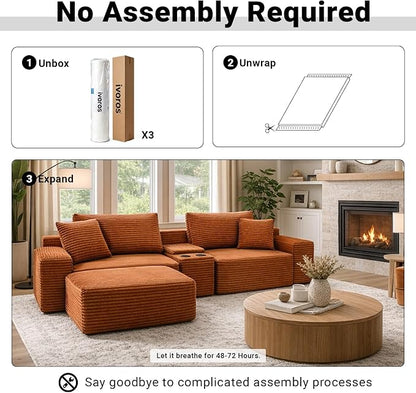 ivoros 111 Inch Modular Sectional Sofa Couch, Oversized Modern Cloud Couch for Living Room, L Shape Couches with Ottomans, USB Ports and Cup Holders, Orange Corduroy Boneless Sofas, Sofa in a Box