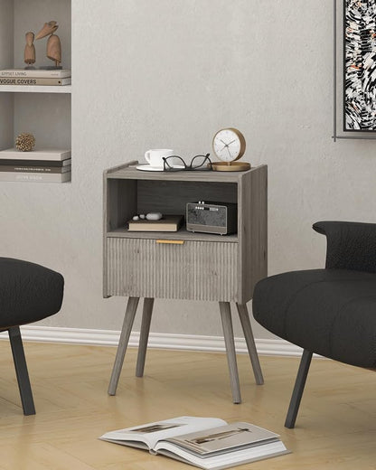 JOONEE Nightstand,Modern Bedside Table with Storage Drawer and Open Wood Shelf, for Living Room, Bedroom and Small Spaces, Accent Night Stand with Solid Wood Legs, Easy Assembly,Grey Oak