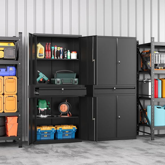 Metal Storage Cabinet with Drawer, Garage Storage Cabinet with Locking Doors and Adjustable Shelves,Tool Steel Cabinet for Garage, Home Office,Warehouse (Black)