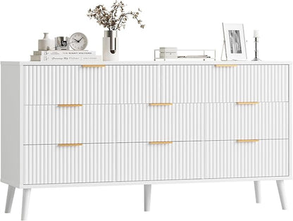 Fluted Dresser for Bedroom with 8 Drawers, Wooden Dresser with Metal Handle, White Dresser for Bedroom, Wood Closet for Hallway, Modern Storage Organizer for Living Room BDR104WW