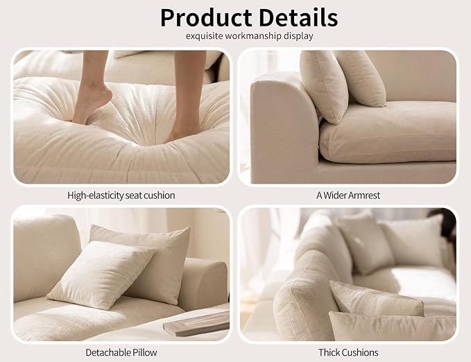 115" Modular Sectional Sofa – Modern Cloud Couch with Deep Chenille Seats, L-Shape Boneless Couch for Living Room, No Assembly, Warm White (3 Seater + 1 Ottoman)