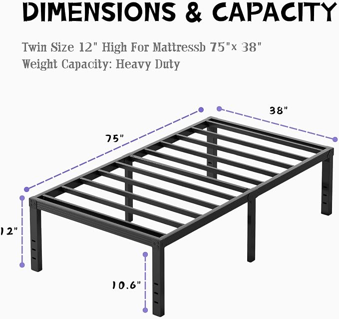 Furnitui 12 Inch High Platform Twin Bed Frame, Metal Bed Frame Twin No Box Spring Needed, Easy Assembly, Noise Free, Sturdy, Black