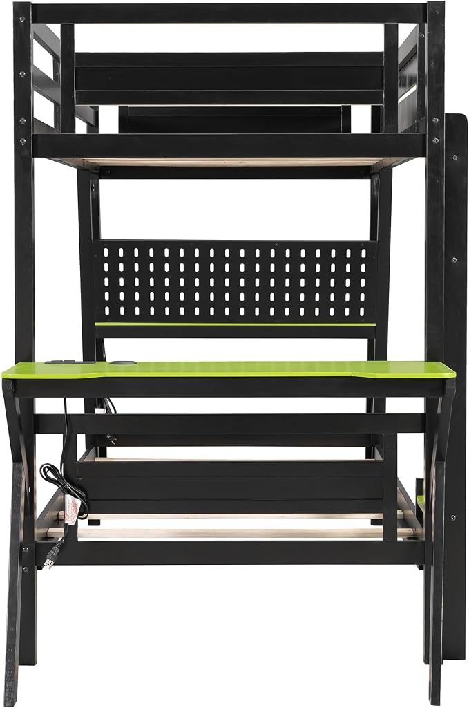 Merax Wooden Twin Over Twin Bunk Bed with 2 Side Desks, USB Desktop Ports and Pegboard Organizer, Gaming Bunk Bed for Gamer, Kids or Teens, No Box Spring Needed, Green