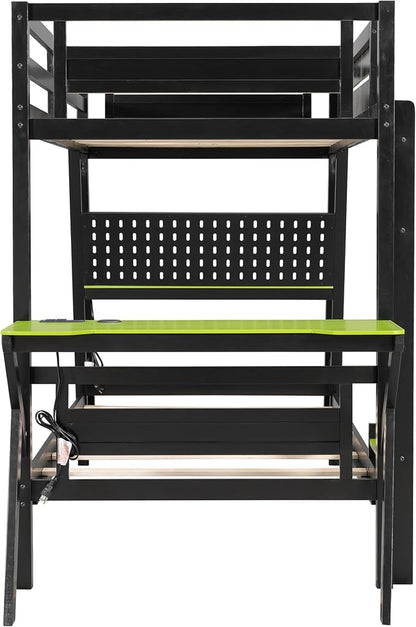 Merax Wooden Twin Over Twin Bunk Bed with 2 Side Desks, USB Desktop Ports and Pegboard Organizer, Gaming Bunk Bed for Gamer, Kids or Teens, No Box Spring Needed, Green