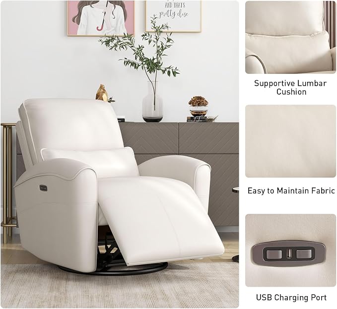 Bonzy Home Power Swivel Rocker Recliner Chair with USB Port, 23.2" Wide Seat, Fixed Lumbar Support, Upholstered Glider Chair for Nursery Living Room, Beige