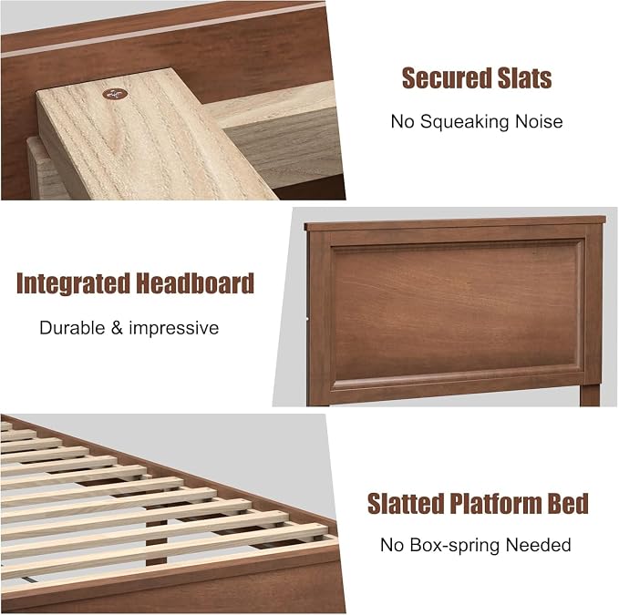 Wood Bed Frames with Headboard, Mid Century Bed Frame with Solid Wood Legs & Wooden Slat Support, Mattress Foundation Bed Base, No Box Spring Needed, (Walnut, Twin)